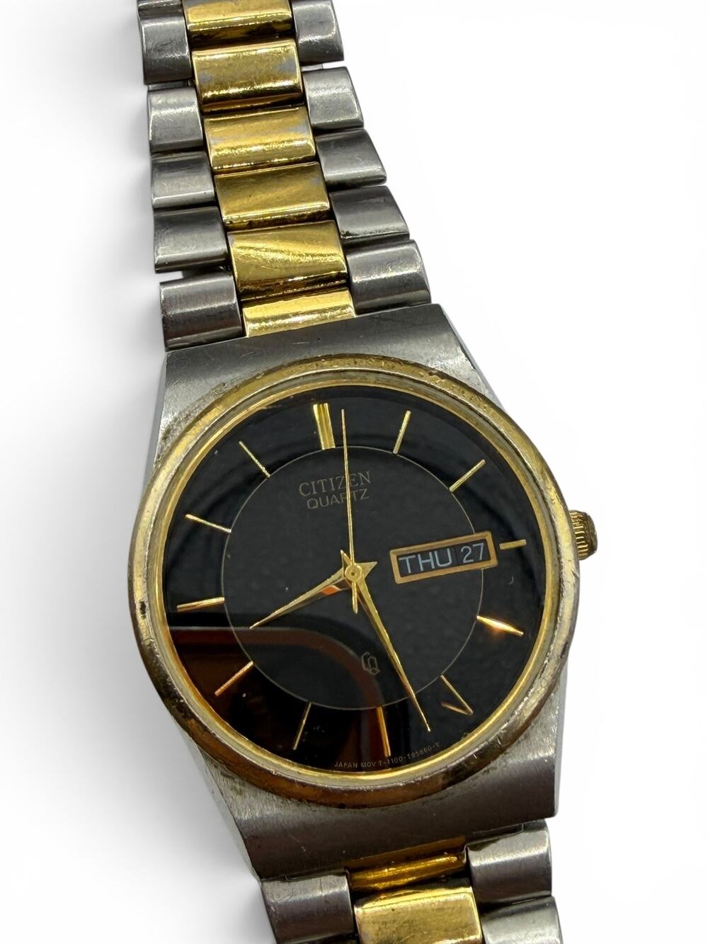 Vintage Citizen Quartz Day Date Watch Gold Tone Bezel Black Dial Two Tone Band